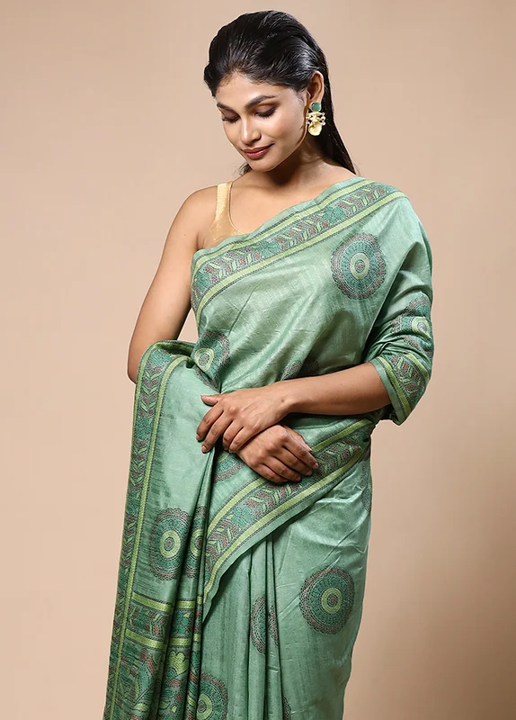 Green Dupion Silk Saree With Blouse Piece Onesize