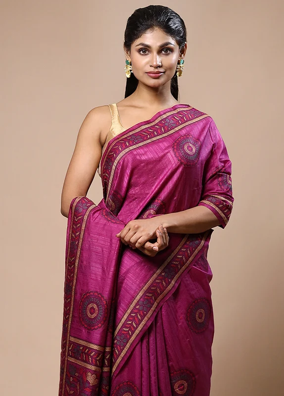 Purple Dupion Silk Saree With Blouse Piece Onesize