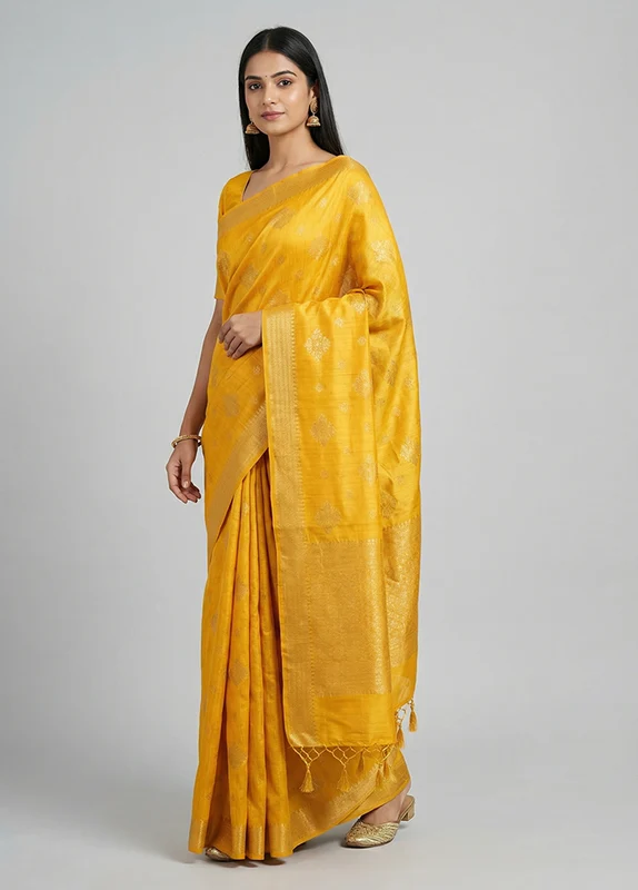 Yellow Dupion Silk Saree With Blouse Piece One Size