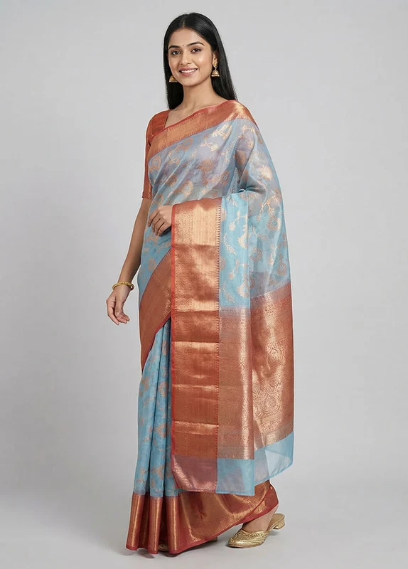 Blue Organza Saree With Blouse Piece One Size