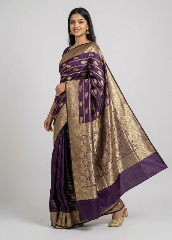Purple Banarasi Silk Saree With Blouse Piece One Size