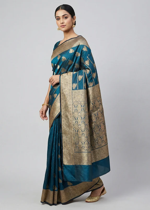 Blue Banarasi Silk Saree With Blouse Piece One Size