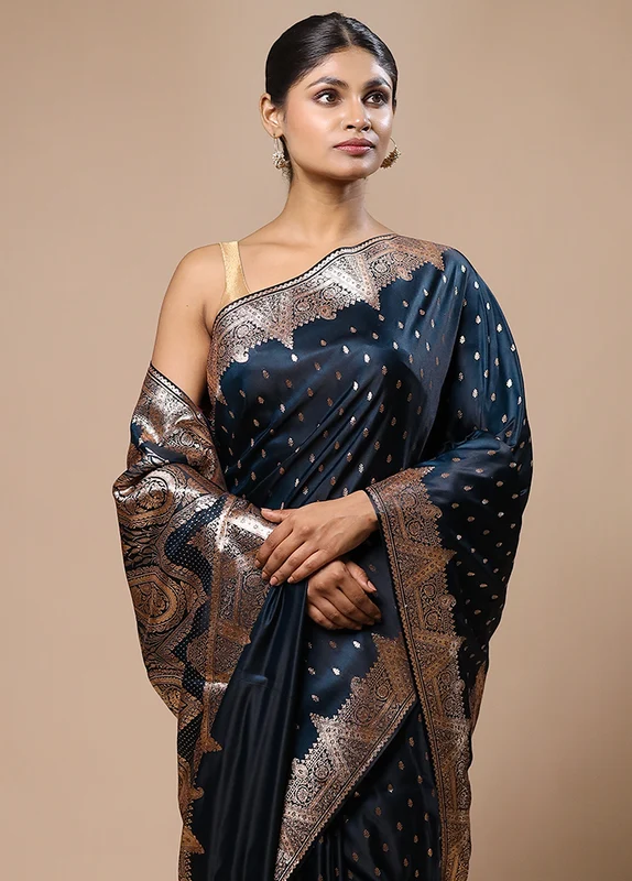 Blue Banarasi Silk Saree With Blouse Piece Onesize