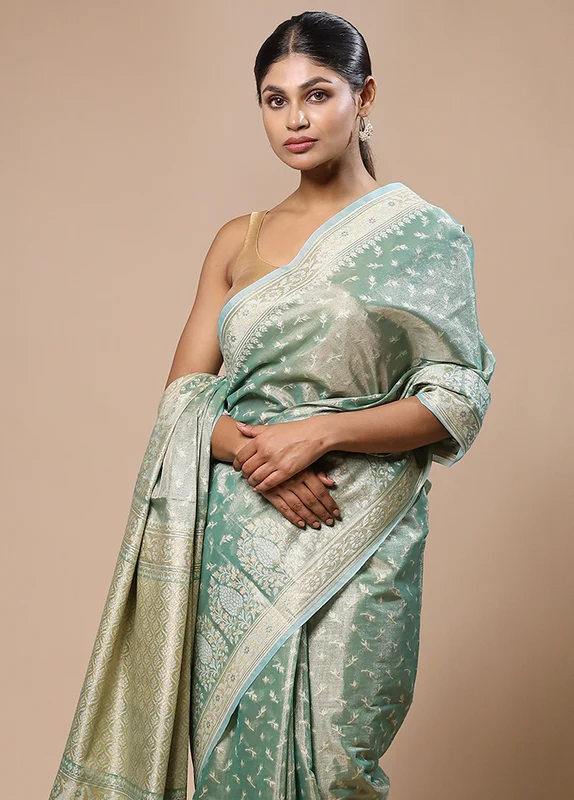 Green Tissue Silk Saree With Blouse Piece Onesize