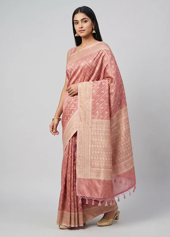 Pink Tissue Silk Saree With Blouse Piece One Size
