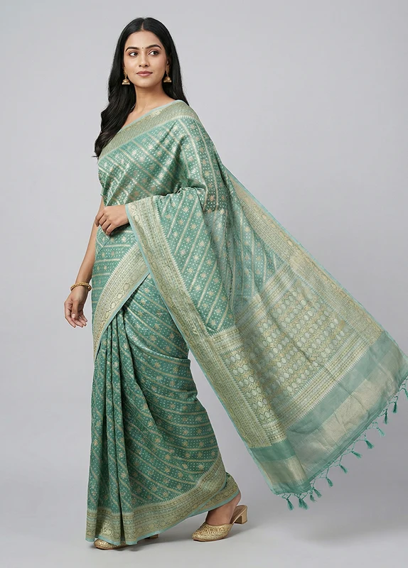Blue Tissue Silk Saree With Blouse Piece One Size
