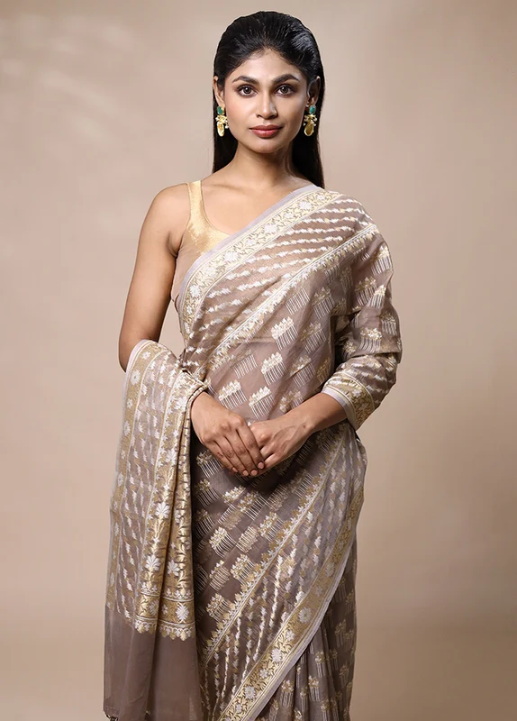 Grey Kora Silk Saree With Blouse Piece Onesize