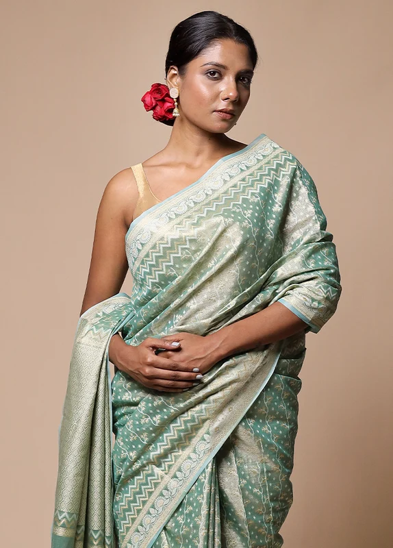 Green Tissue Silk Saree With Blouse Piece Onesize