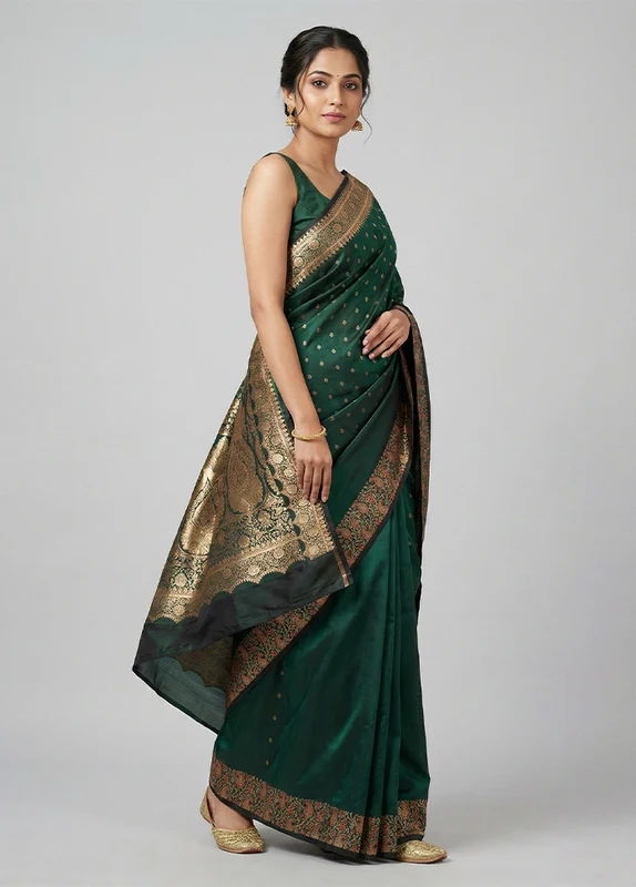 Green Banarasi Silk Saree With Blouse Piece One Size