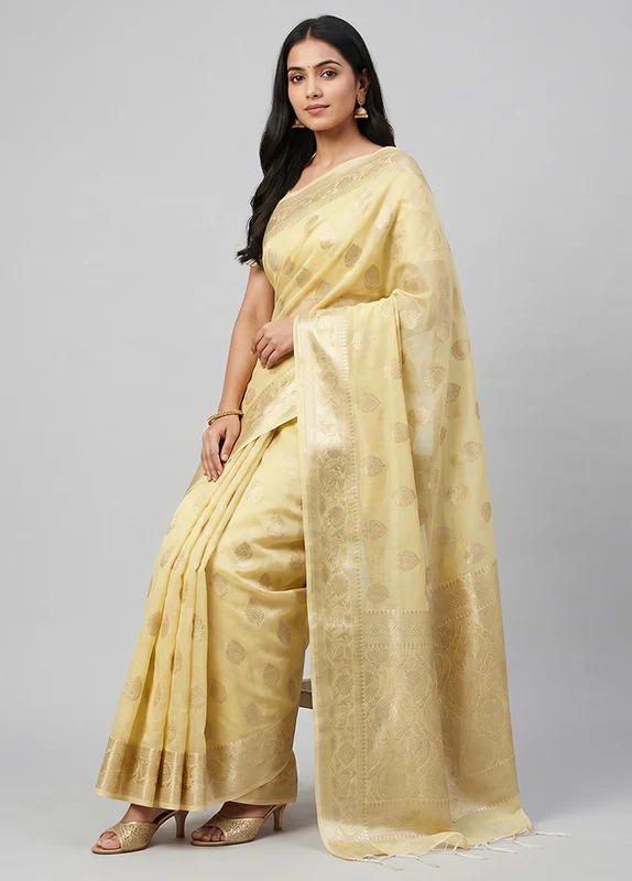 Yellow Dupion Silk Saree With Blouse Piece One Size