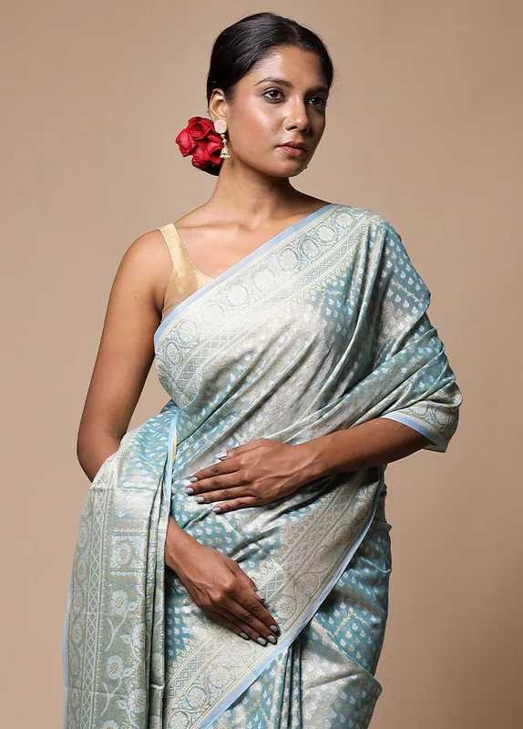 Blue Tissue Silk Saree With Blouse Piece Onesize