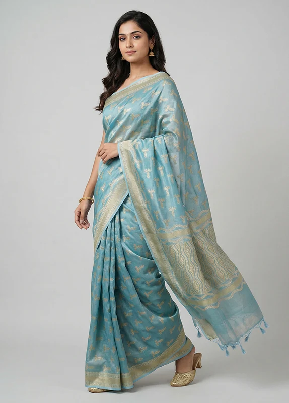 Blue Tissue Silk Saree With Blouse Piece One Size