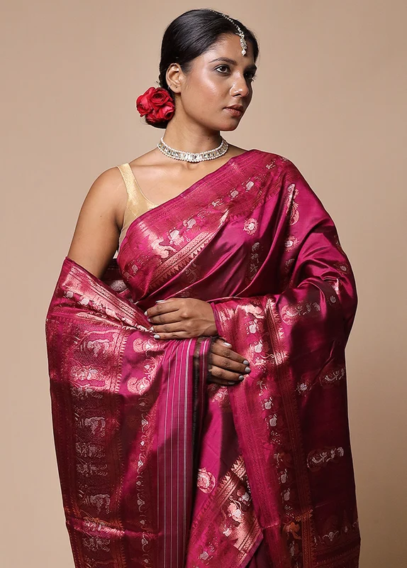 Pink Handloom Baluchari Pure Silk Saree With Blouse Piece Onesize