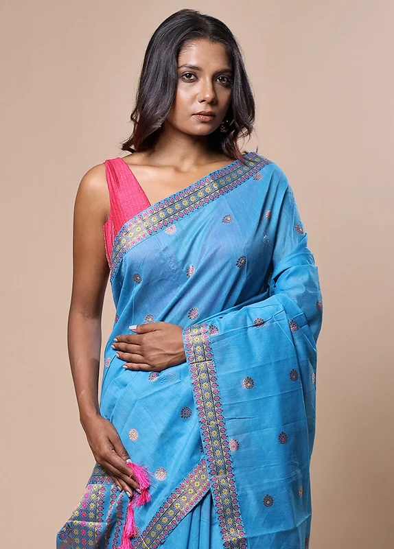 Blue Assam Silk Saree With Blouse Piece Onesize