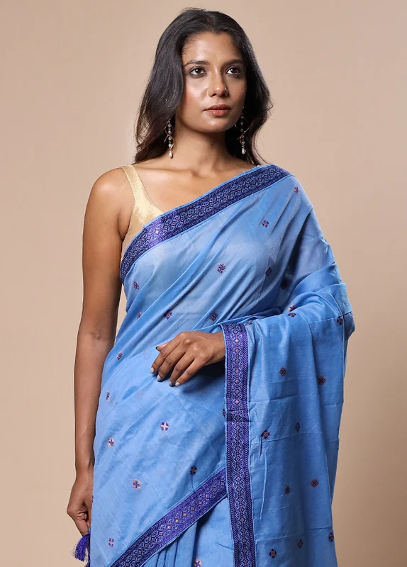 Blue Assam Silk Saree With Blouse Piece Onesize