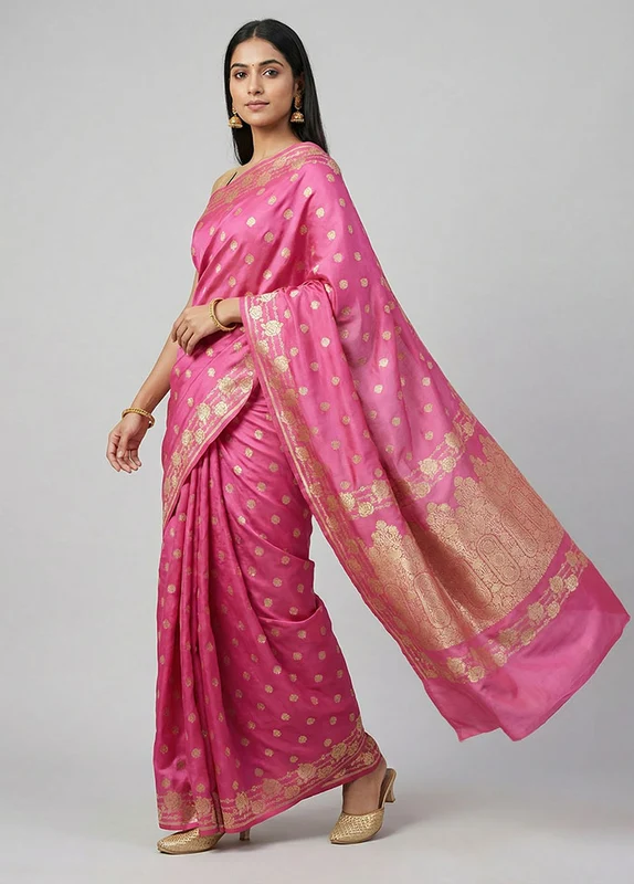 Pink Handloom Banarasi Pure Silk Saree With Blouse Piece One Size