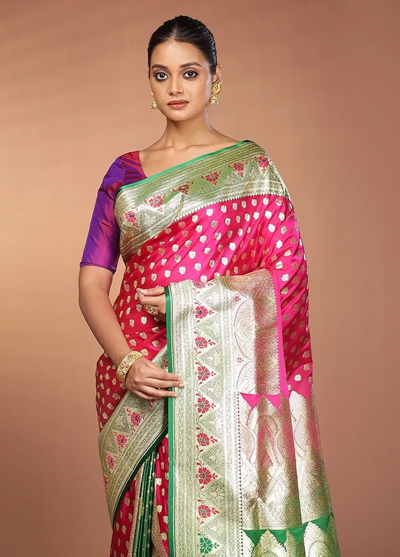 Pink Banarasi Silk Saree With Blouse Piece One Size