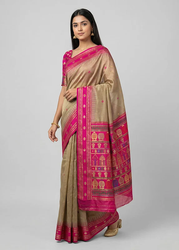 Cream Dupion Silk Saree With Blouse Piece One Size