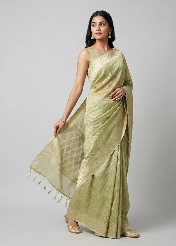 Green Tissue Silk Saree With Blouse Piece One Size