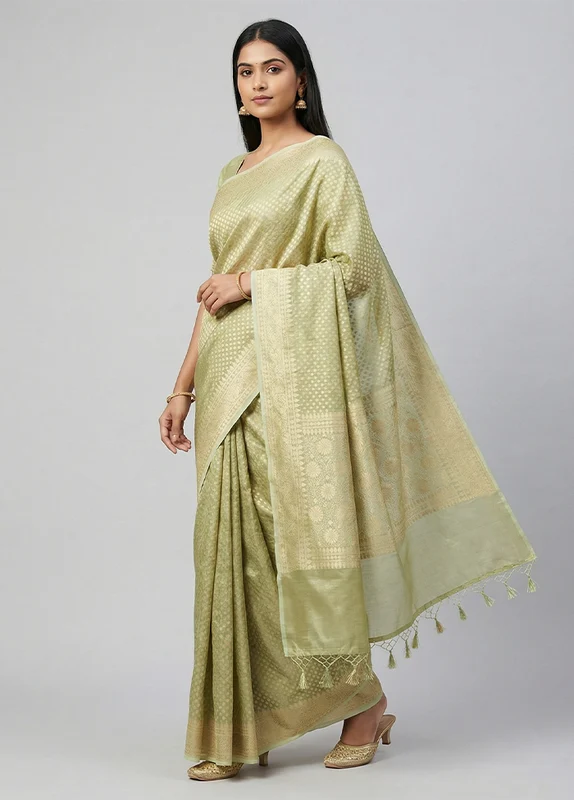Green Tissue Silk Saree With Blouse Piece One Size