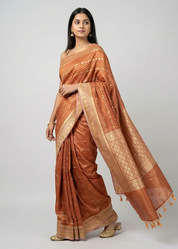 Rust Tissue Silk Saree With Blouse Piece One Size