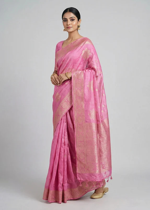 Pink Organza Saree With Blouse Piece One Size