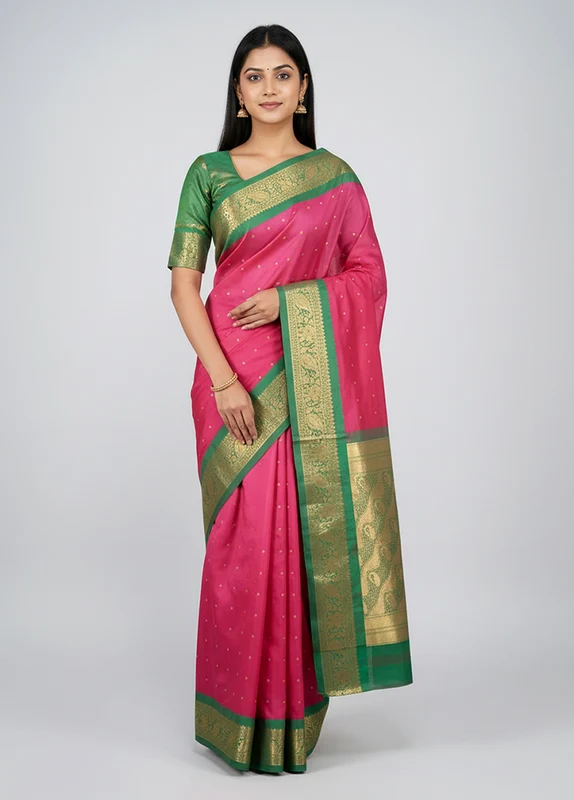 Pink Kanjivaram Silk Saree With Blouse Piece One Size