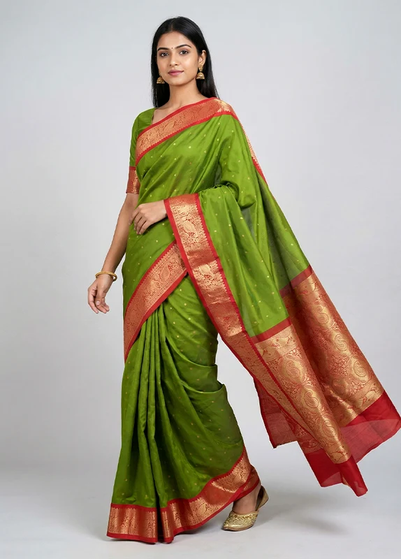 Green Kanjivaram Silk Saree With Blouse Piece One Size