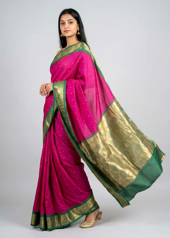 Pink Kanjivaram Silk Saree With Blouse Piece One Size