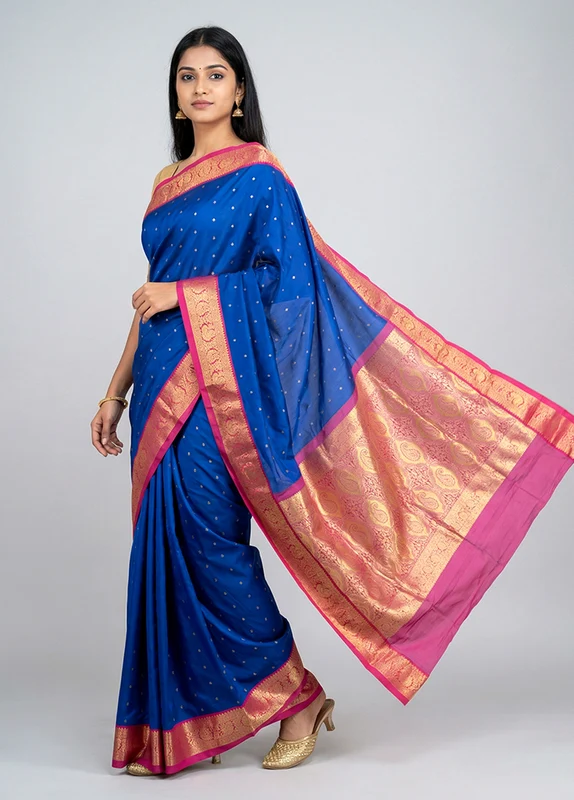Blue Kanjivaram Silk Saree With Blouse Piece One Size