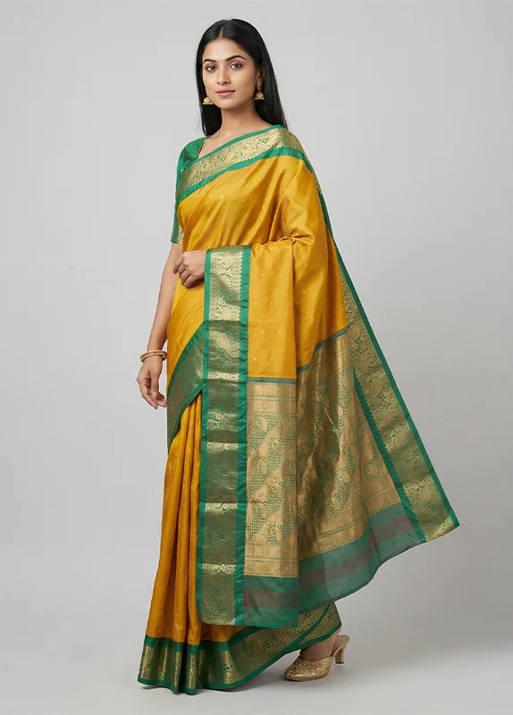 Yellow Kanjivaram Silk Saree With Blouse Piece One Size