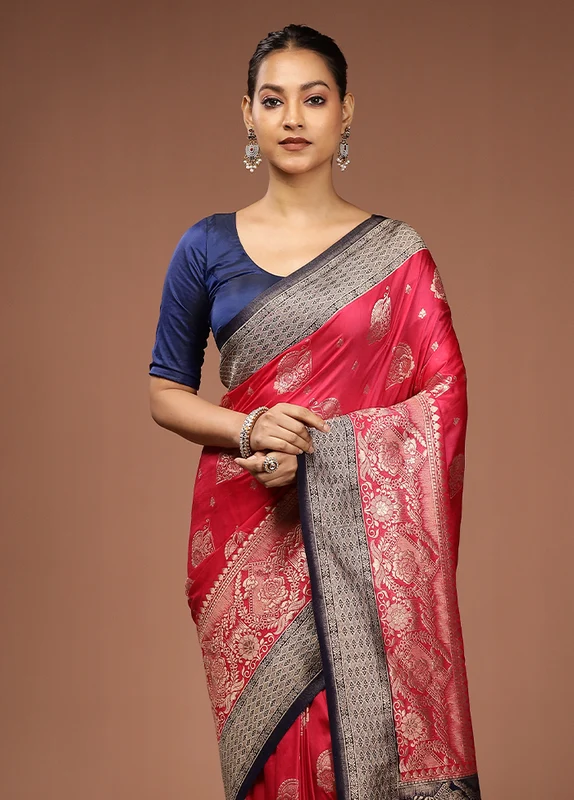 Pink Dupion Silk Saree With Blouse Piece One Size