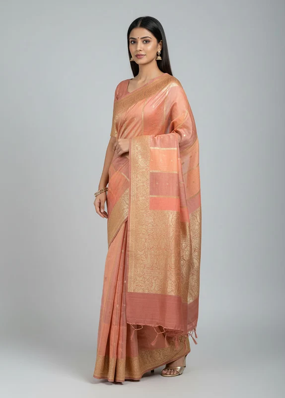 Pink Handloom Tussar Pure Silk Saree With Blouse Piece One Size