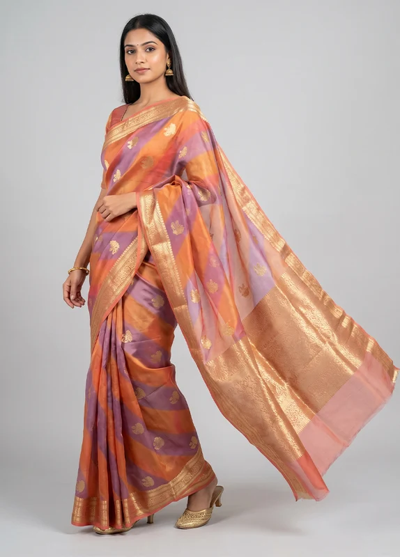 Multicolor Handloom Kora Pure Silk Saree With Blouse Piece One Size