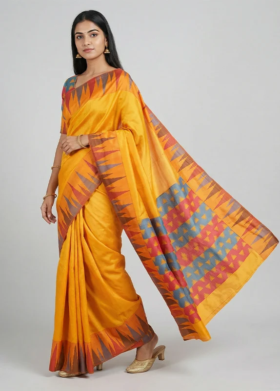 Yellow Kanjivaram Silk Saree With Blouse Piece One Size