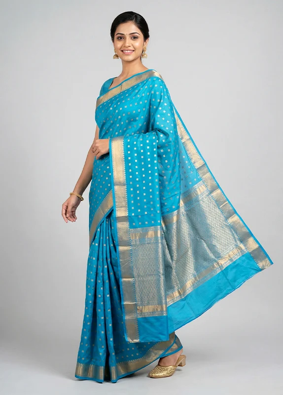 Blue Kanjivaram Silk Saree With Blouse Piece One Size