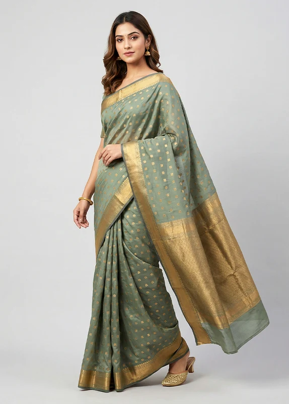 Green Kanjivaram Silk Saree With Blouse Piece One Size