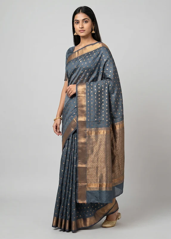 Grey Kanjivaram Silk Saree With Blouse Piece One Size