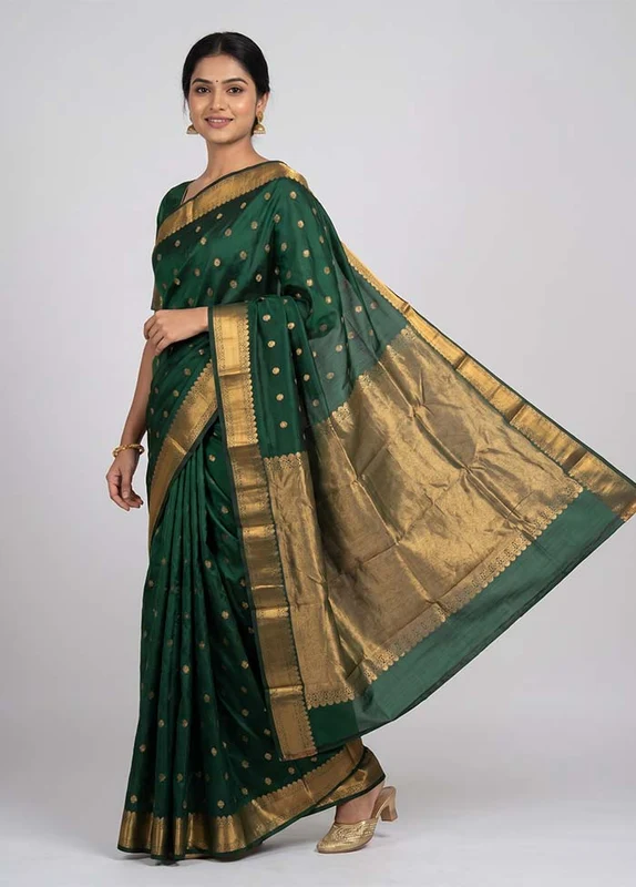 Green Kanjivaram Silk Saree With Blouse Piece One Size