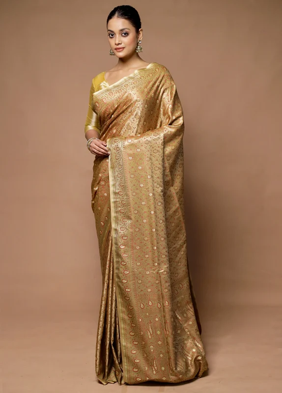Cream Handloom Tanchoi Pure Silk Saree With Blouse Piece Onesize