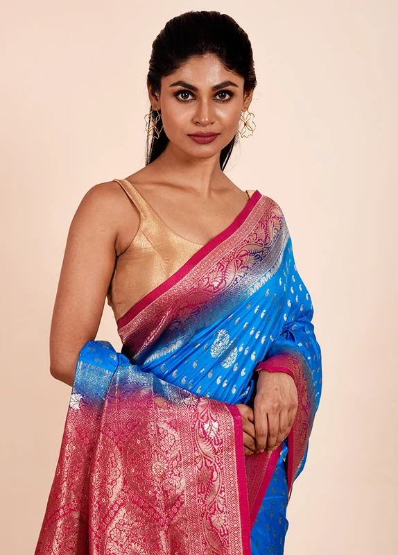 Blue Dupion Silk Saree With Blouse Piece Onesize