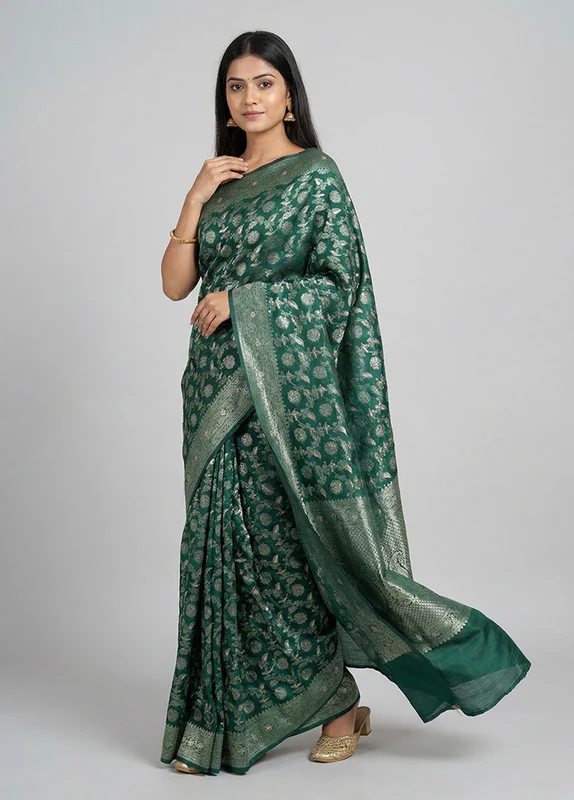 Green Dupion Silk Saree With Blouse Piece One Size