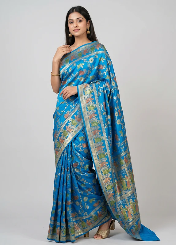 Blue Handloom Banarasi Pure Silk Saree With Blouse Piece One Size