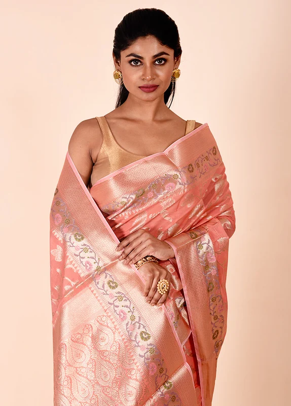 Peach Kota Cotton Saree With Blouse Piece Onesize