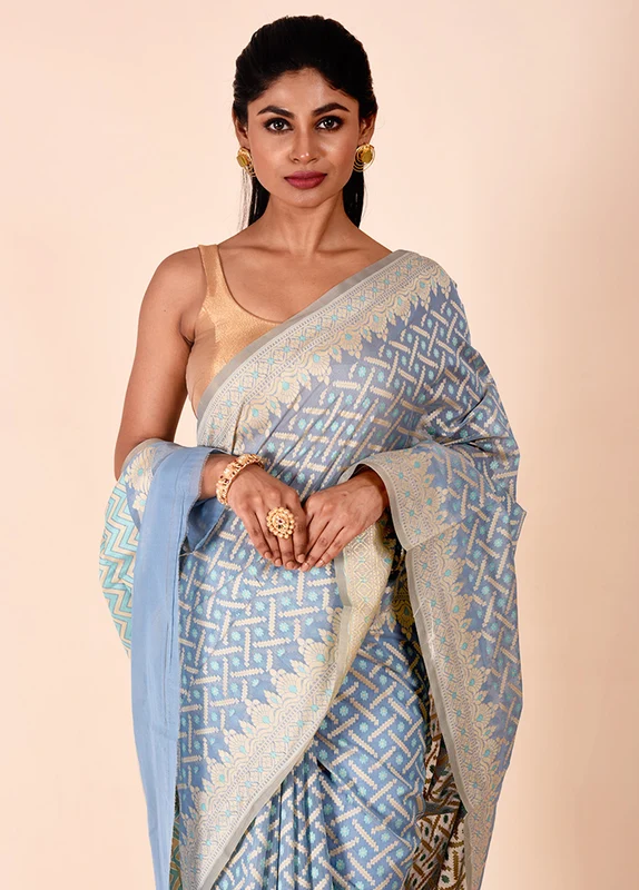 Blue Kora Silk Saree With Blouse Piece Onesize