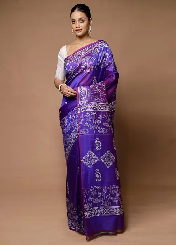 Purple Printed Pure Silk Saree Without Blouse Piece Onesize