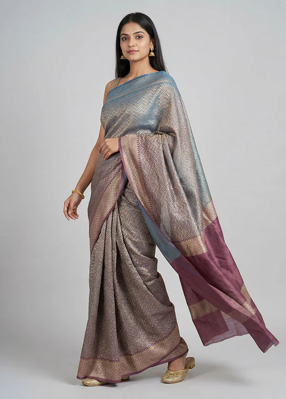 Purple Pure Cotton Saree With Blouse Piece One Size