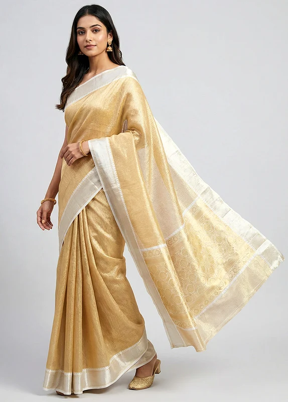 Yellow Tissue Silk Saree With Blouse Piece One Size