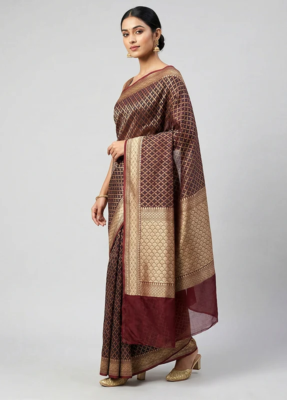 Purple Kora Silk Saree With Blouse Piece One Size