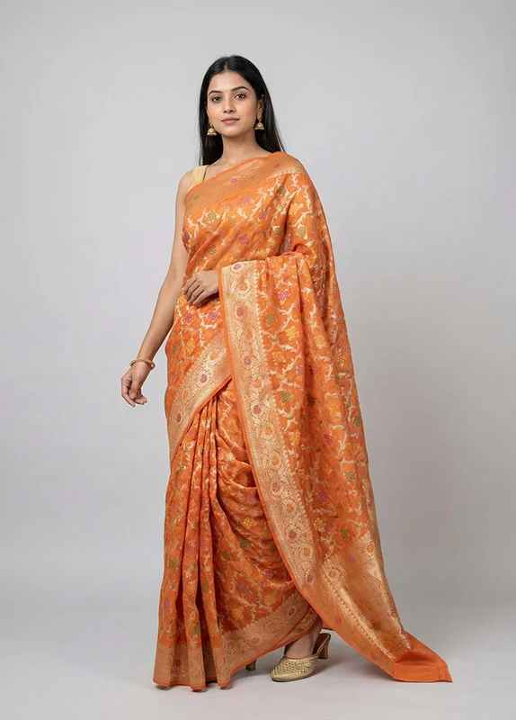 Orange Kora Silk Saree With Blouse Piece One Size